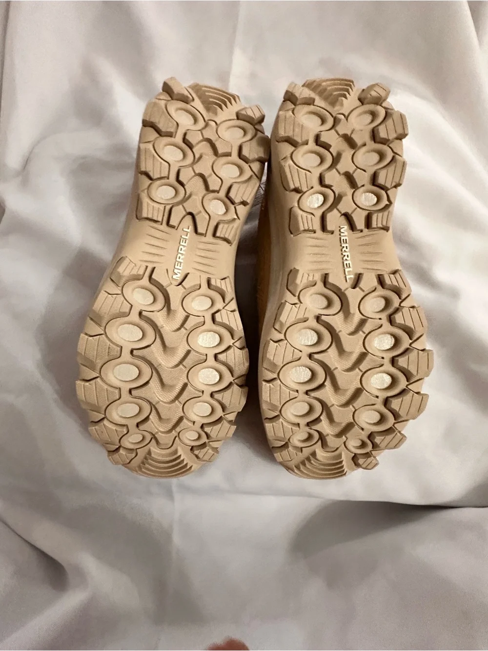 Merrell Women's Slip-On Sneakers in Tan with Light Blue Pull Tabs